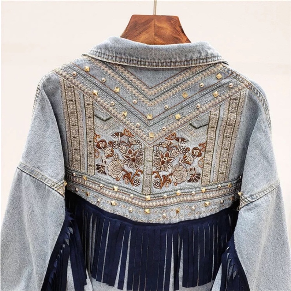 Embellished Fringe Denim Jacket - Light Blue